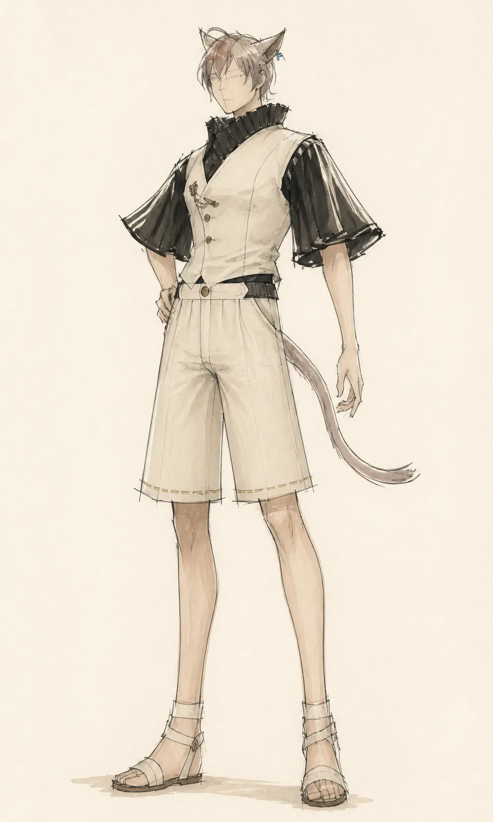 Modezeichnung eines cremefarbenen Westen-Ensembles mit schwarzer Bluse und kurzer Hose