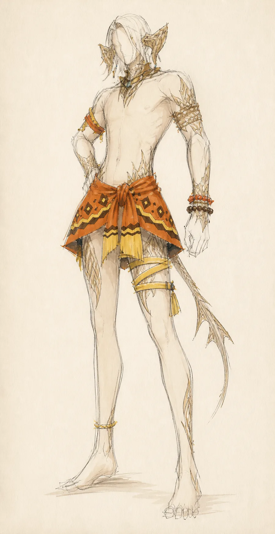 Modezeichnung eines orange-ockerfarbenen, ornamentierten Strand-Ensembles mit Bändern und Perlen