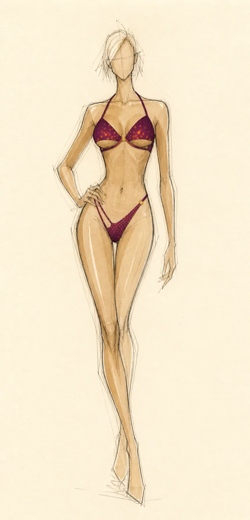 Modezeichnung eines purpurroten Bikinis mit goldenem Diamantenmuster