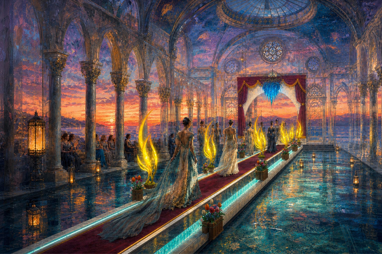 Acrylgemälde der Kepheus-Bühne mit Modellen und Publikum vor mediterranem Sonnenuntergang